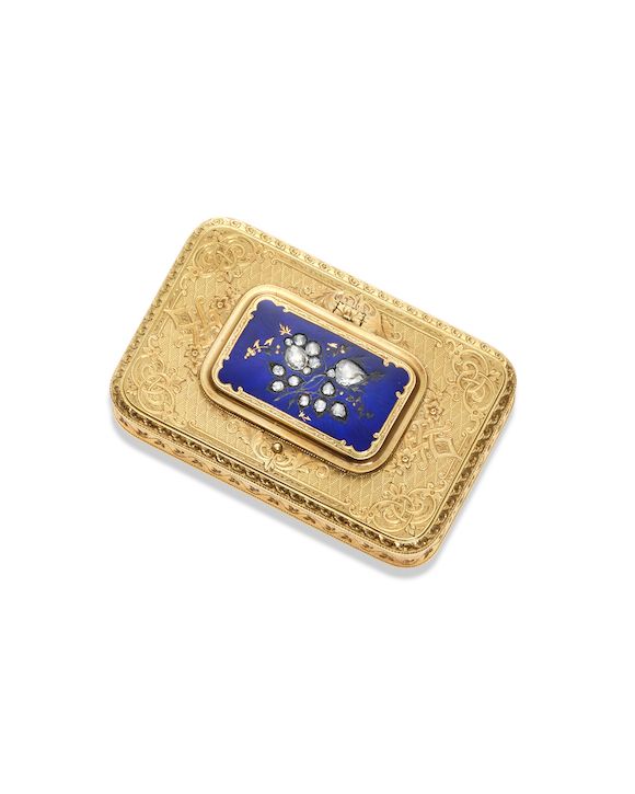 Bonhams : An engraved and enameled gold snuff box set with diamonds and ...