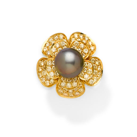 Bonhams : A colored cultured pearl, colored diamond and 18k gold flower ...