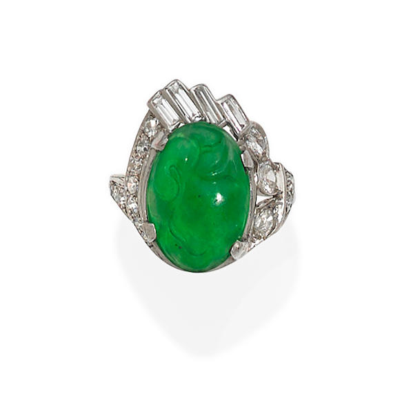 Bonhams : A carved jadeite jade, diamond and platinum ring