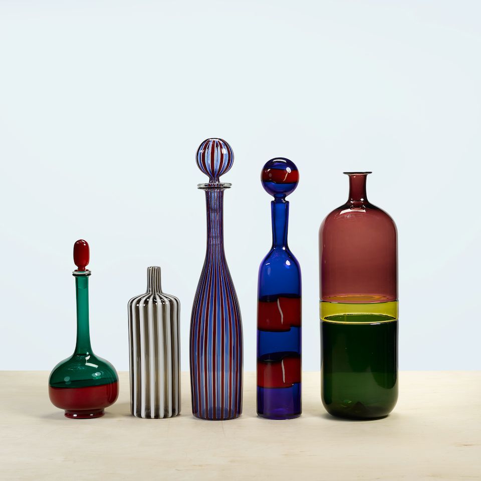 Bonhams Venini A group of three decanters and two bottles, mid and