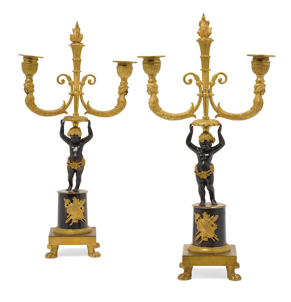 Bonhams : A pair of Empire style gilt and patinated bronze two light ...