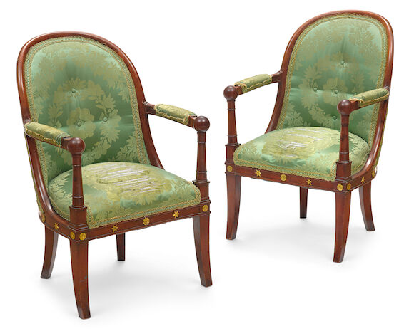 Bonhams : A pair of Empire gilt bronze mounted mahogany fauteuils early ...