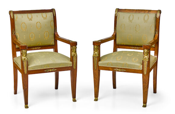 Bonhams : A pair of Empire style gilt bronze mounted hardwood fauteuils ...
