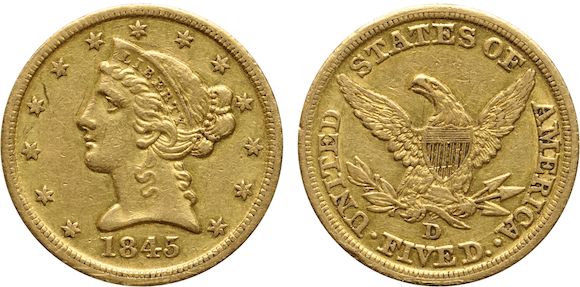 Bonhams : 1845-D $5 Genuine, XF Details, Filed Rims PCGS