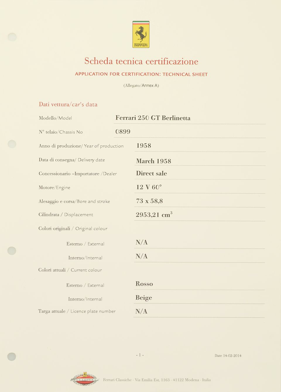 Bonhams 1958 Ferrari 250 Gt Tour De France Alloy Berlinettachassis No 0899 Gtengine No 0354 C