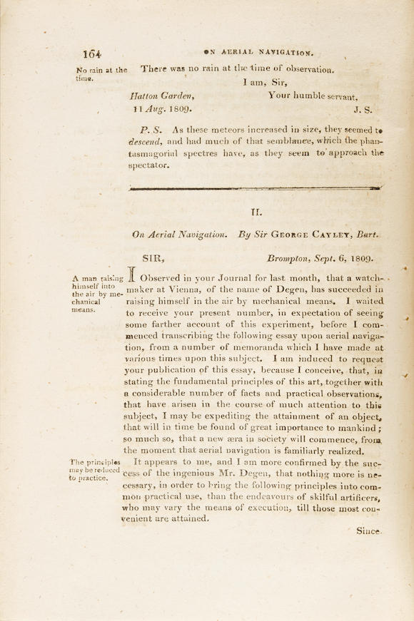 Bonhams : SIR GEORGE CAYLEY's 1809 article, On Aerial Navigation