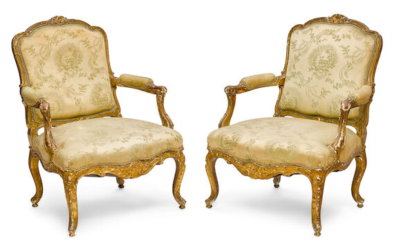 Bonhams : A pair of Louis XV style carved giltwood fauteuils late 19th ...