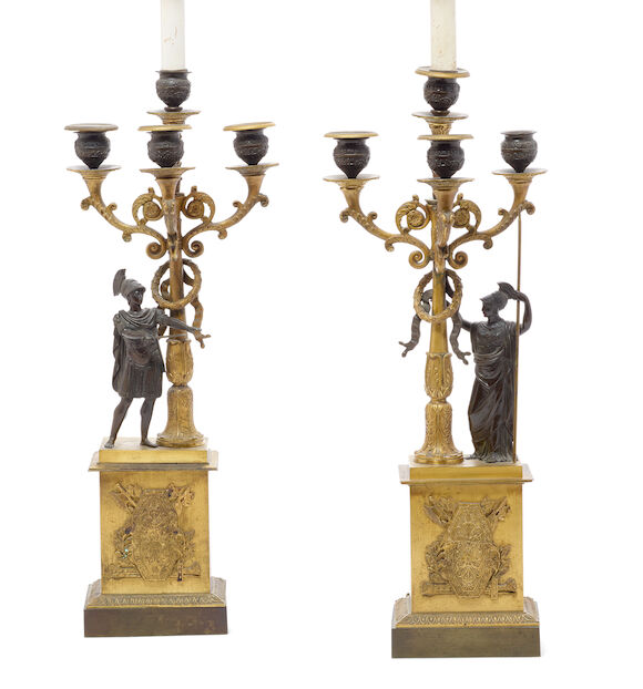 Bonhams : A pair of Empire gilt and patinated bronze four light ...