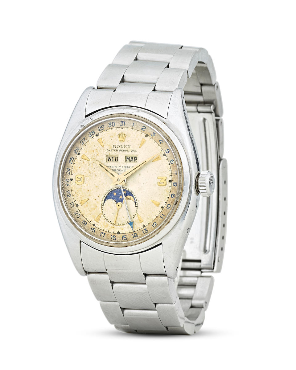 bonhams rolex an extremely rare and historically important stainless steel explorer 3 9 dial automatic wristwatch with triple calendar and moonphaseref 6062 circa 1953 bonhams rolex an extremely rare and