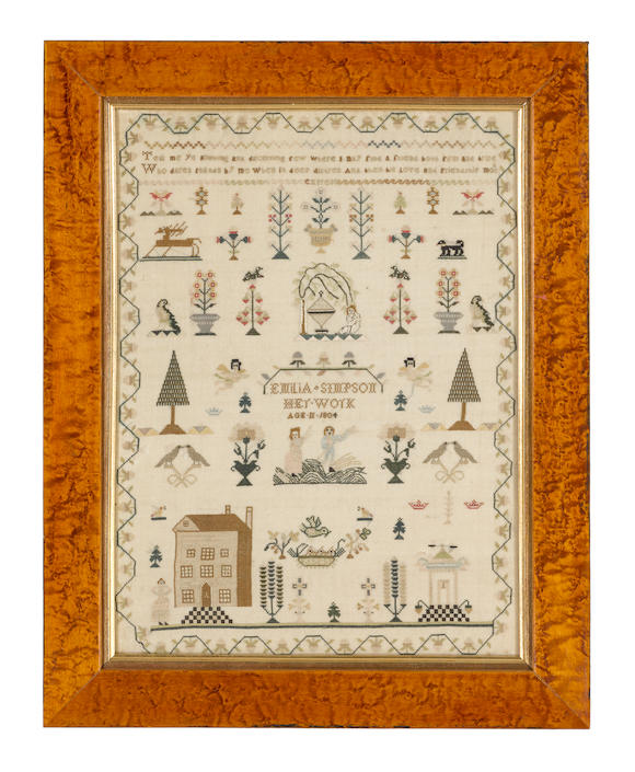 Bonhams : An English silk pictorial needlework sampler on linen wrought ...