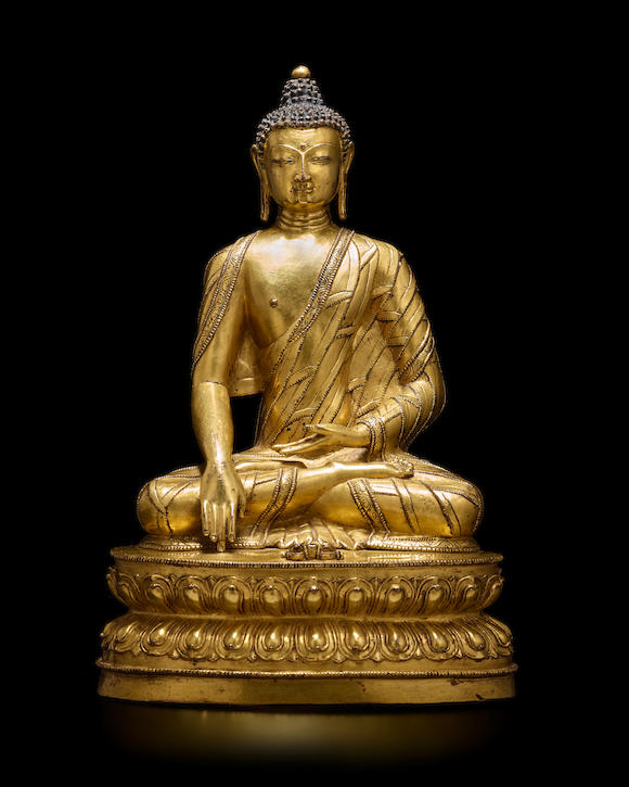 Bonhams : A GILT COPPER ALLOY FIGURE OF BUDDHA SHAKYAMUNI TIBET, 14TH ...