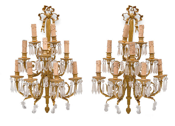 Bonhams : A pair of Louis XVI style gilt bronze and cut glass nine ...