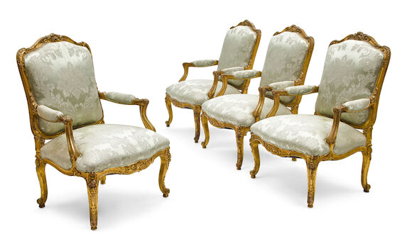 Bonhams : A set of four Louis XV style giltwood fauteuils 19th century