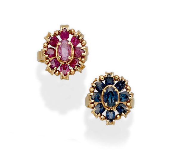 Bonhams : A Pair of Pink Sapphire, Sapphire and 14k Gold Companion Rings