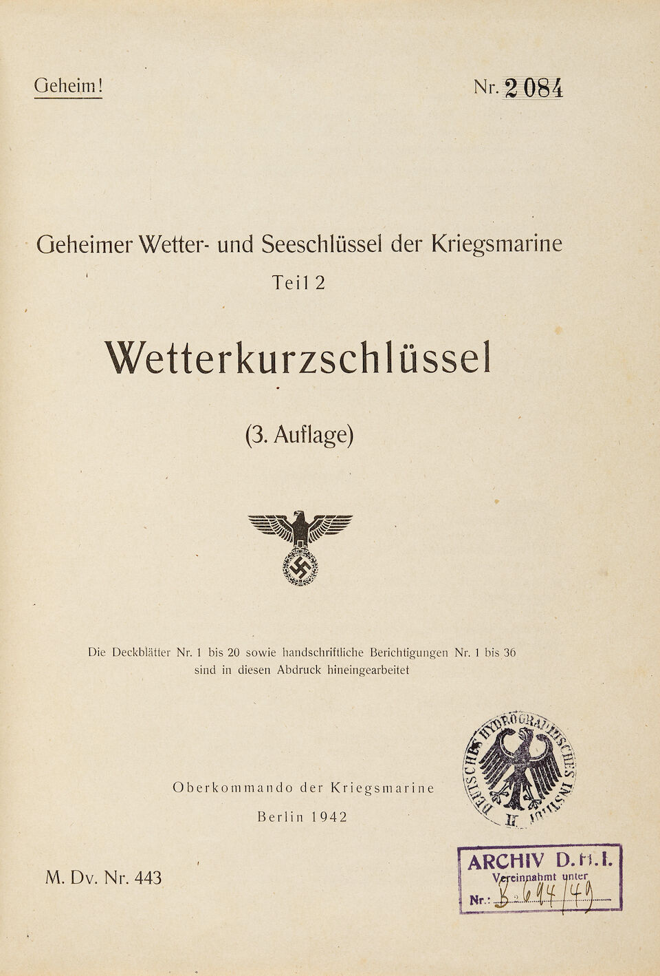 Bonhams GERMAN WEATHER REPORT CODEBOOK, FOR ENIGMA USE