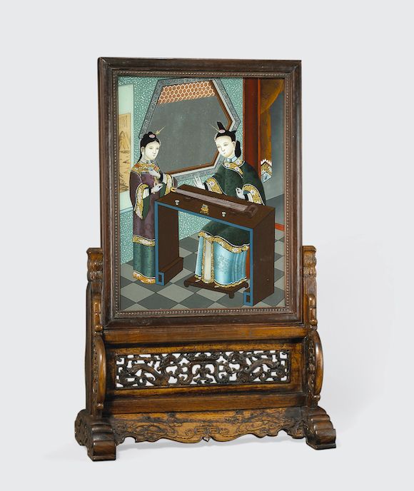 Bonhams A REVERSEPAINTED GLASS TABLE SCREEN 20th century