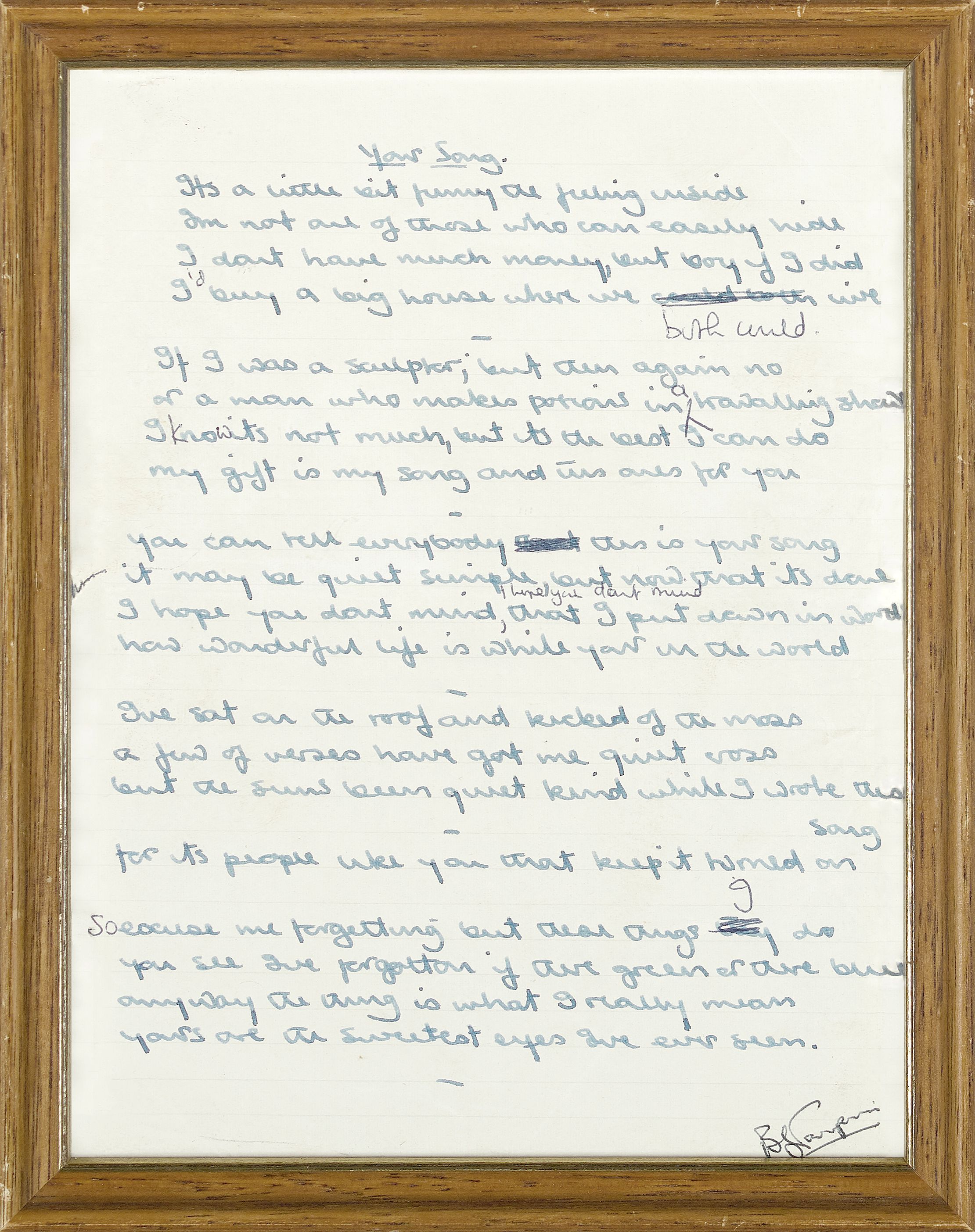 THE ORIGINAL HANDWRITTEN LYRICS TO ELTON JOHN'S "YOUR SONG" with "The