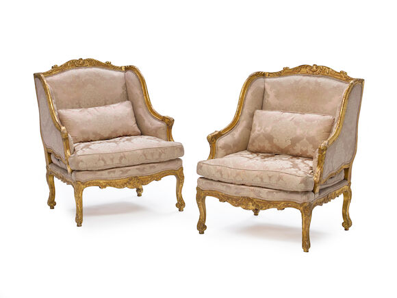 Bonhams : A pair of Louis XV style carved giltwood bergères 19th century