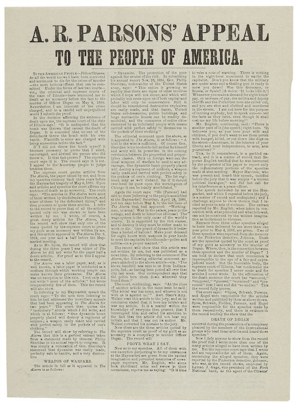 Bonhams : PARSONS, ALBERT RICHARD. 1848-1887. A.R. Parsons' Appeal to ...