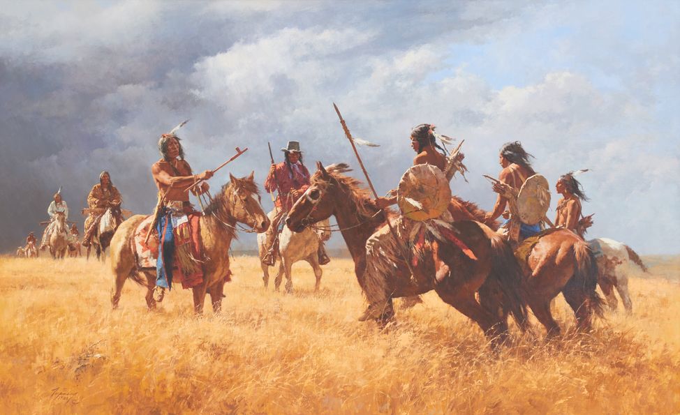 Howard Terpning (born 1927) Coffee Coolers Meet the Hostiles 32 x 52in (Painted in 1982.)