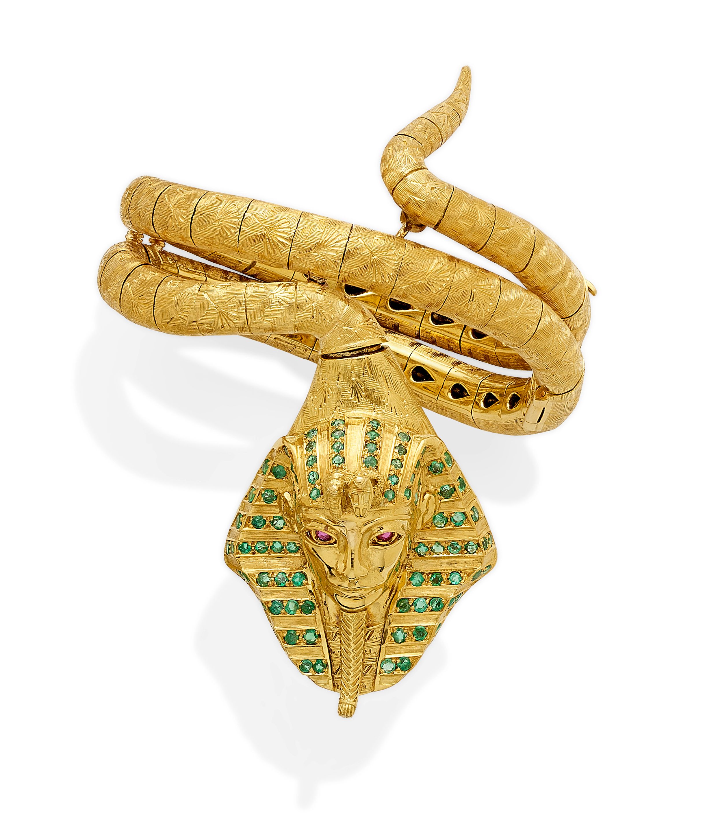 A tsavorite garnet, ruby and 18k gold hinged Pharaoh bangle