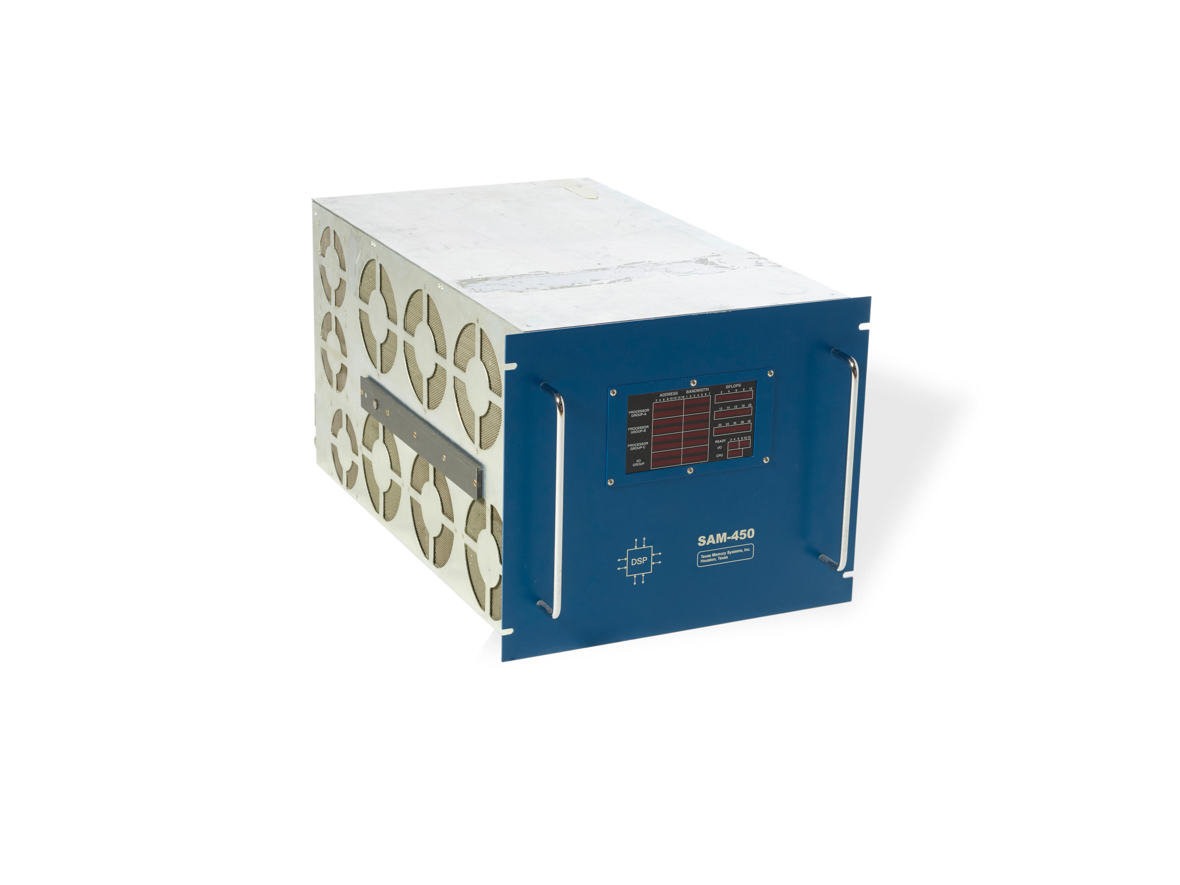 SOLID STATE FLASH STORAGE. Texas Memory Systems SAM-450, solid state drive housed in metal case, LED readout on front panel, 11 interface modules accesible on back panel