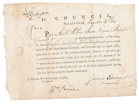 Bonhams IRVINE WILLIAM 1741 1804 EWING JAMES Document Signed 