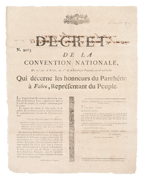Bonhams FRENCH NATIONAL CONVENTION. Decret de la Convention Nationale
