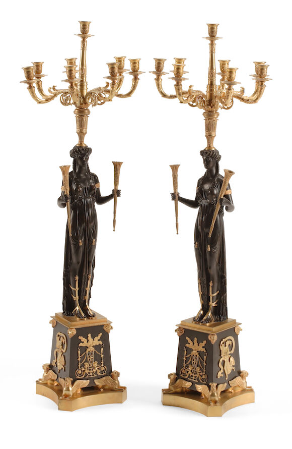 Bonhams : A pair of Empire style gilt and patinated bronze seven light ...