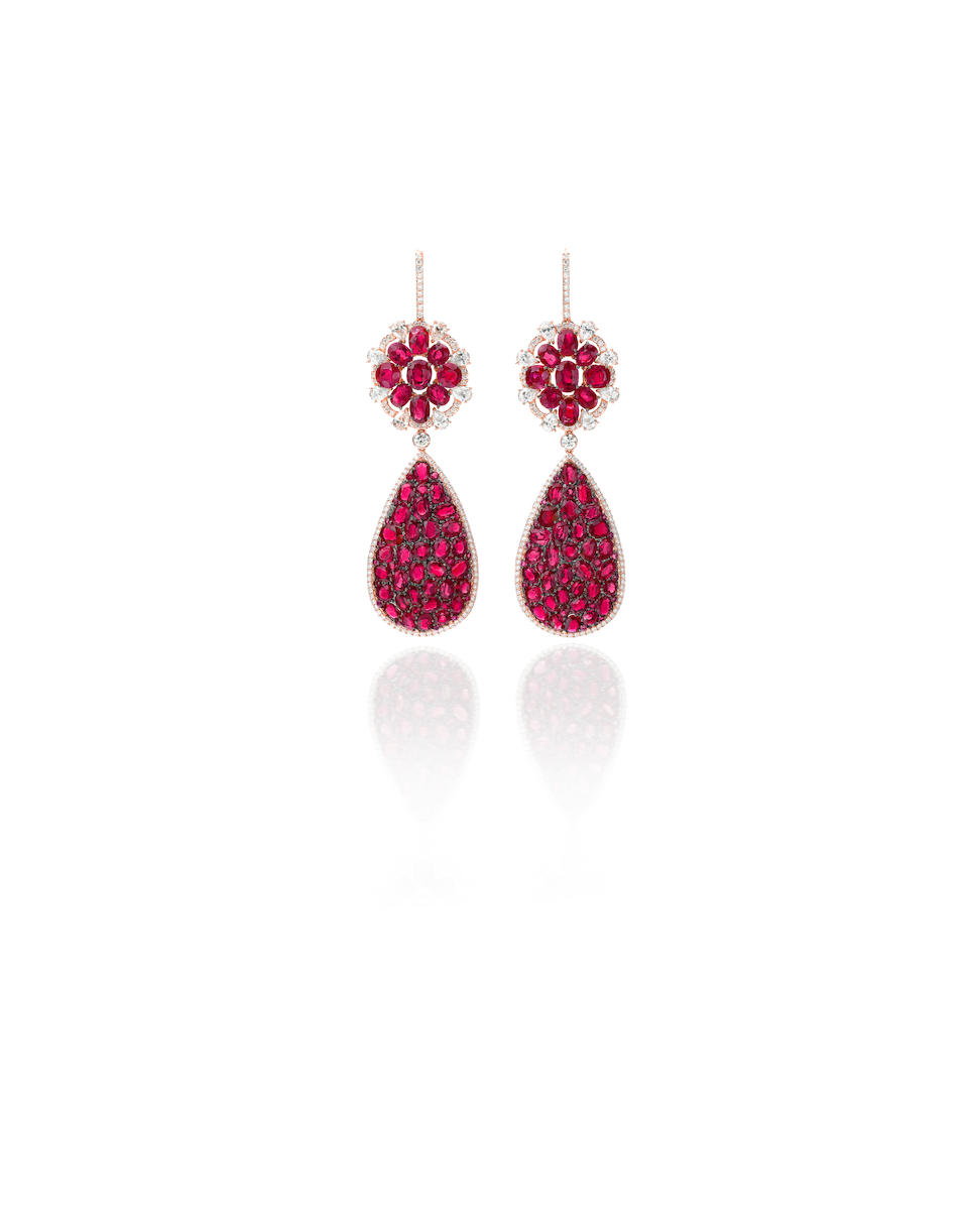 Bonhams : A pair of ruby and diamond pendant earrings, Michele Della Valle