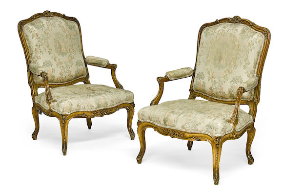 Bonhams : A pair of Louis XV style giltwood fauteuils à la Reine Late ...