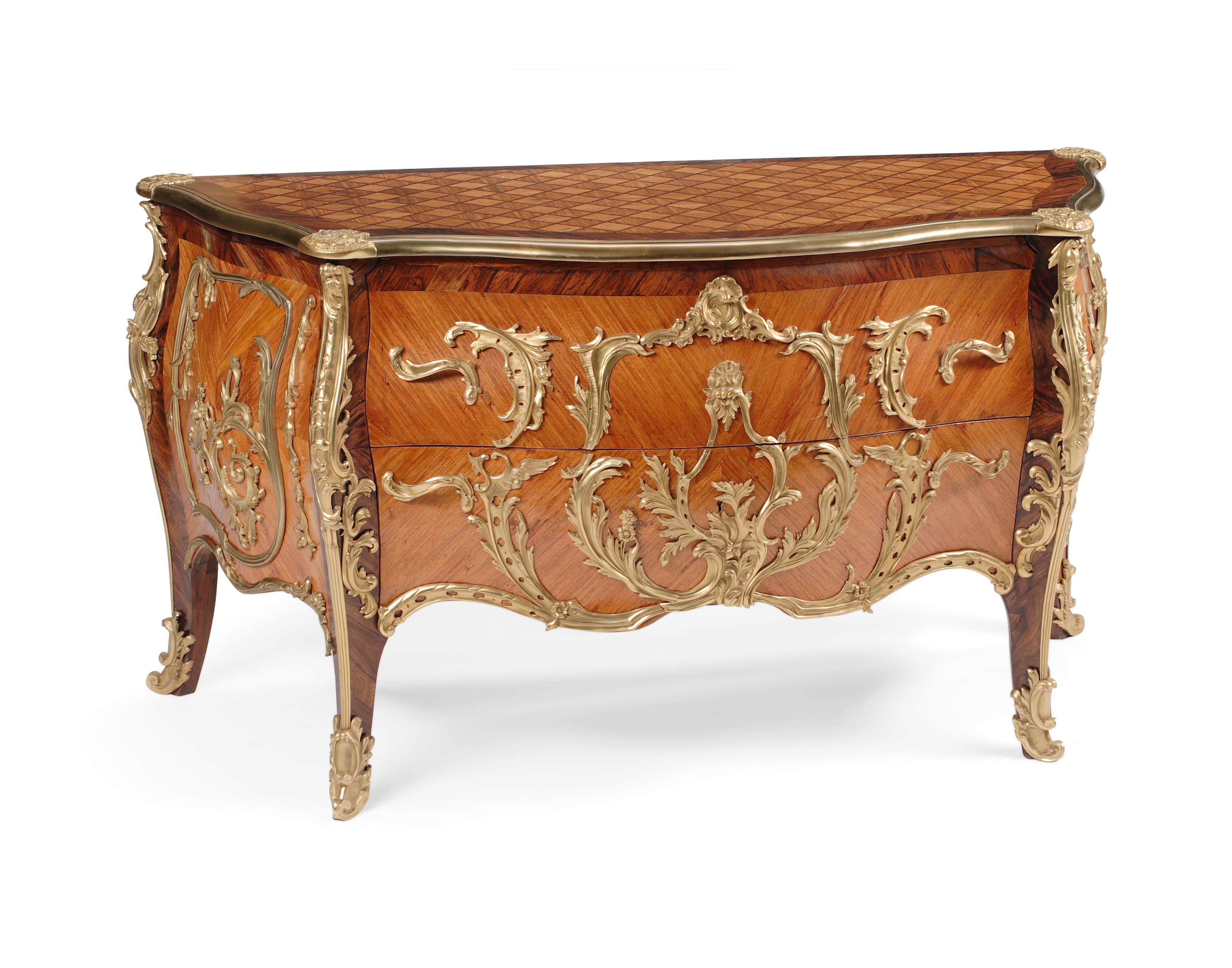 A Fine Louis XV style gilt bronze mounted parquetry bombe commode