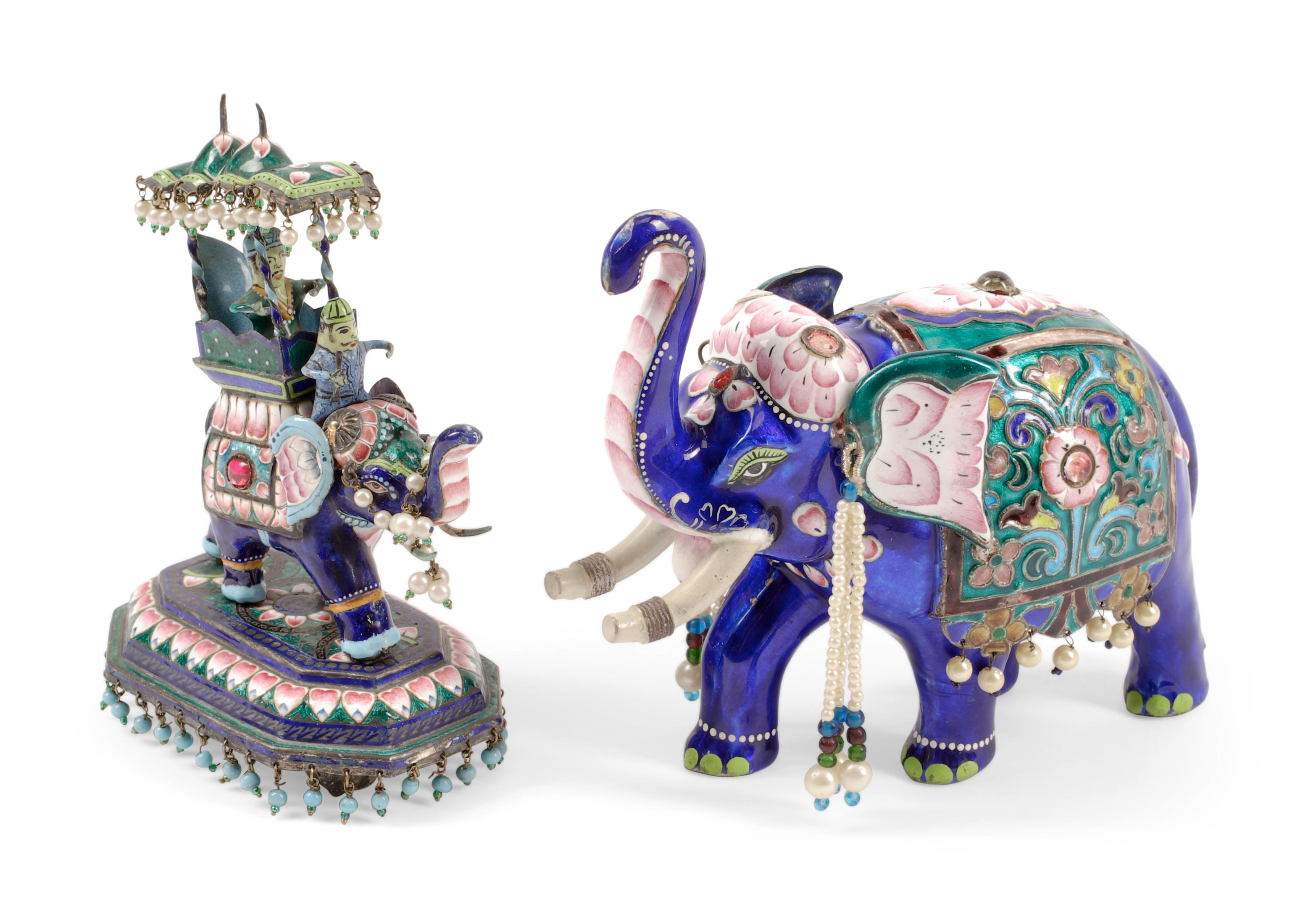 Two Indo-Persian Enameled silver Figures of Elephants