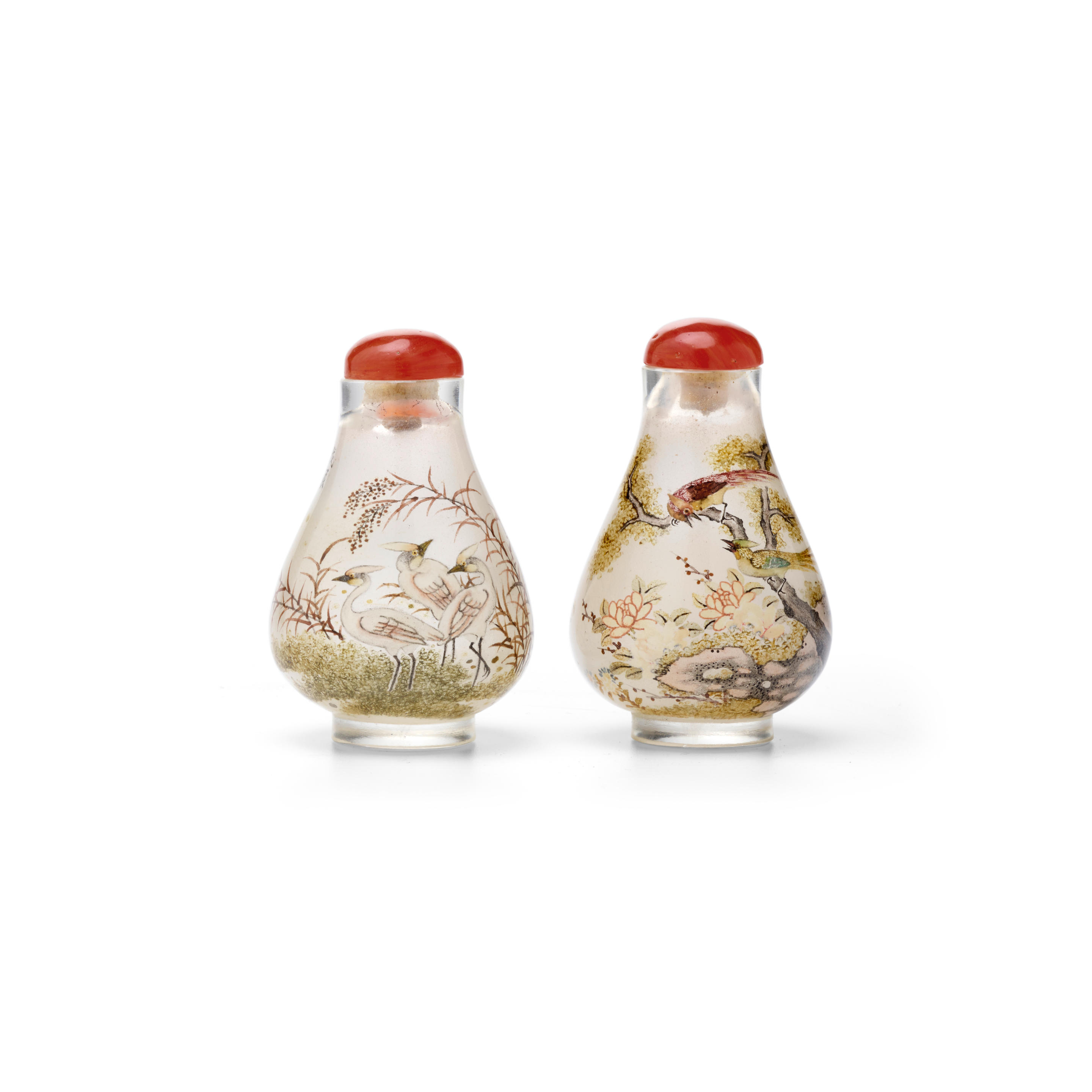 TWO INSIDE-PAINTED GLASS 'BIRD AND FLOWER' SNUFF BOTTLES