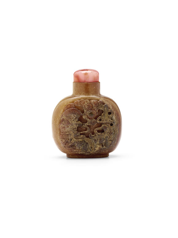 Bonhams : A YELLOW AND BROWN JADE 'THREE RAMS' SNUFF BOTTLE 1750-1820