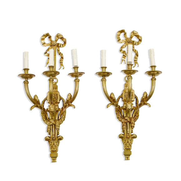 Bonhams : A pair of Louis XVI Style Gilt Bronze Three Light Sconces ...