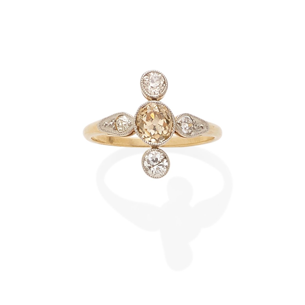 A colored diamond and diamond ring