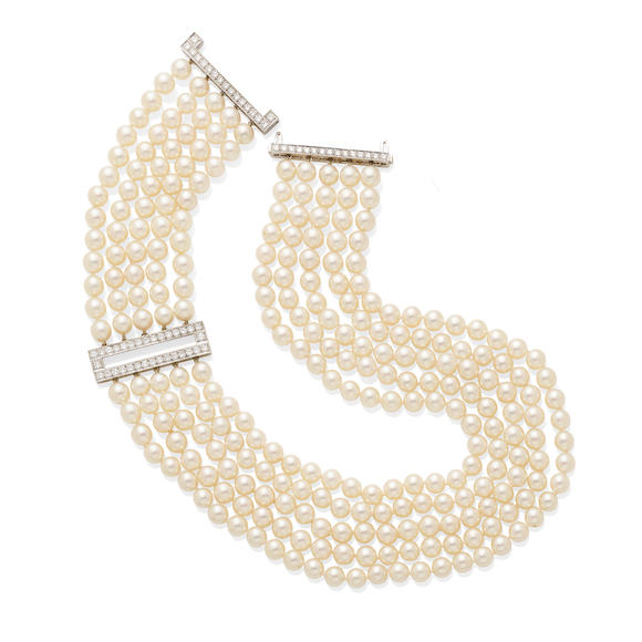 Bonhams : A multi-strand cultured pearl and diamond necklace, Tambetti