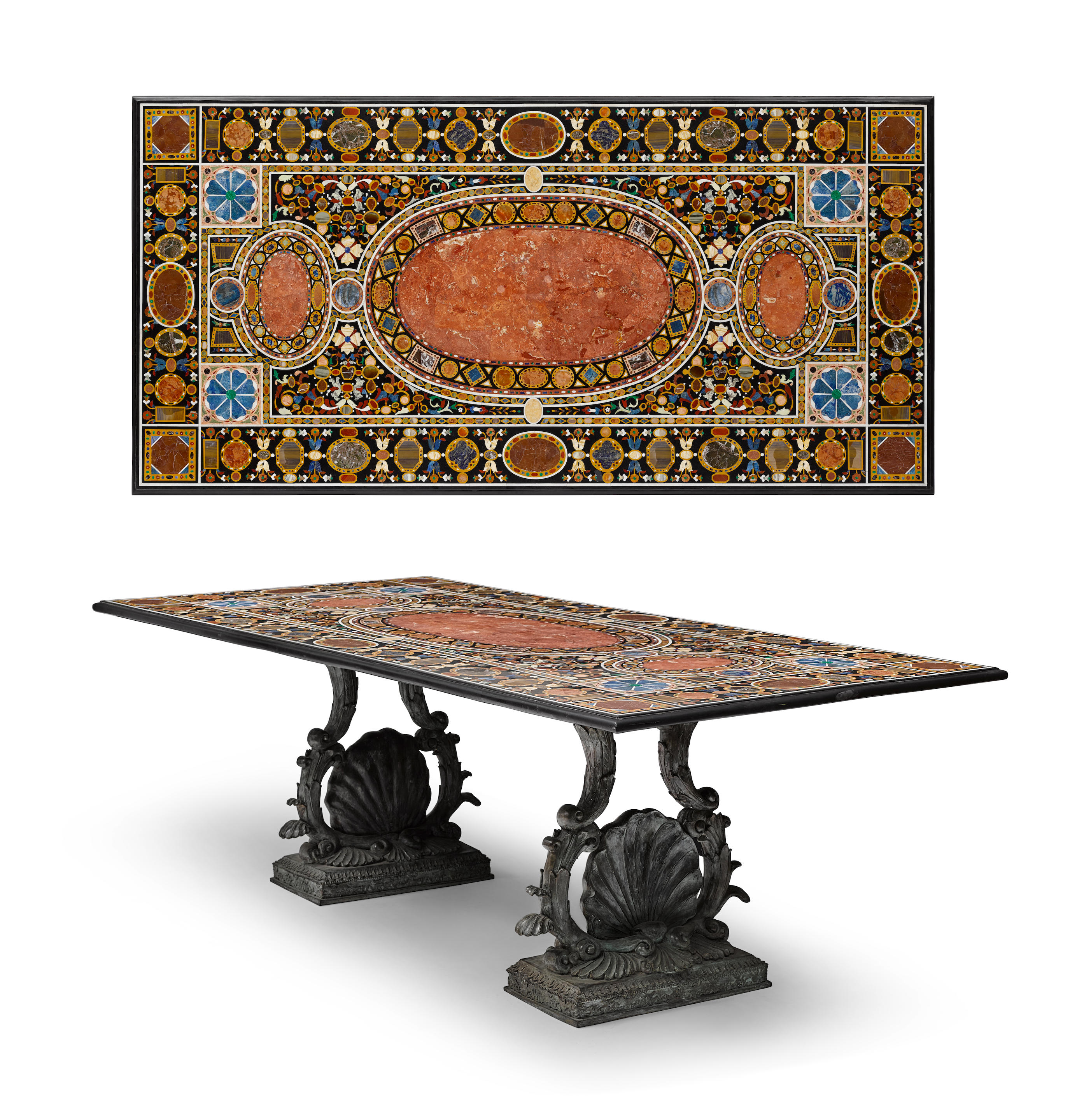 A Semi-Precious Stone Inlaid Dining Table On Bronze Supports