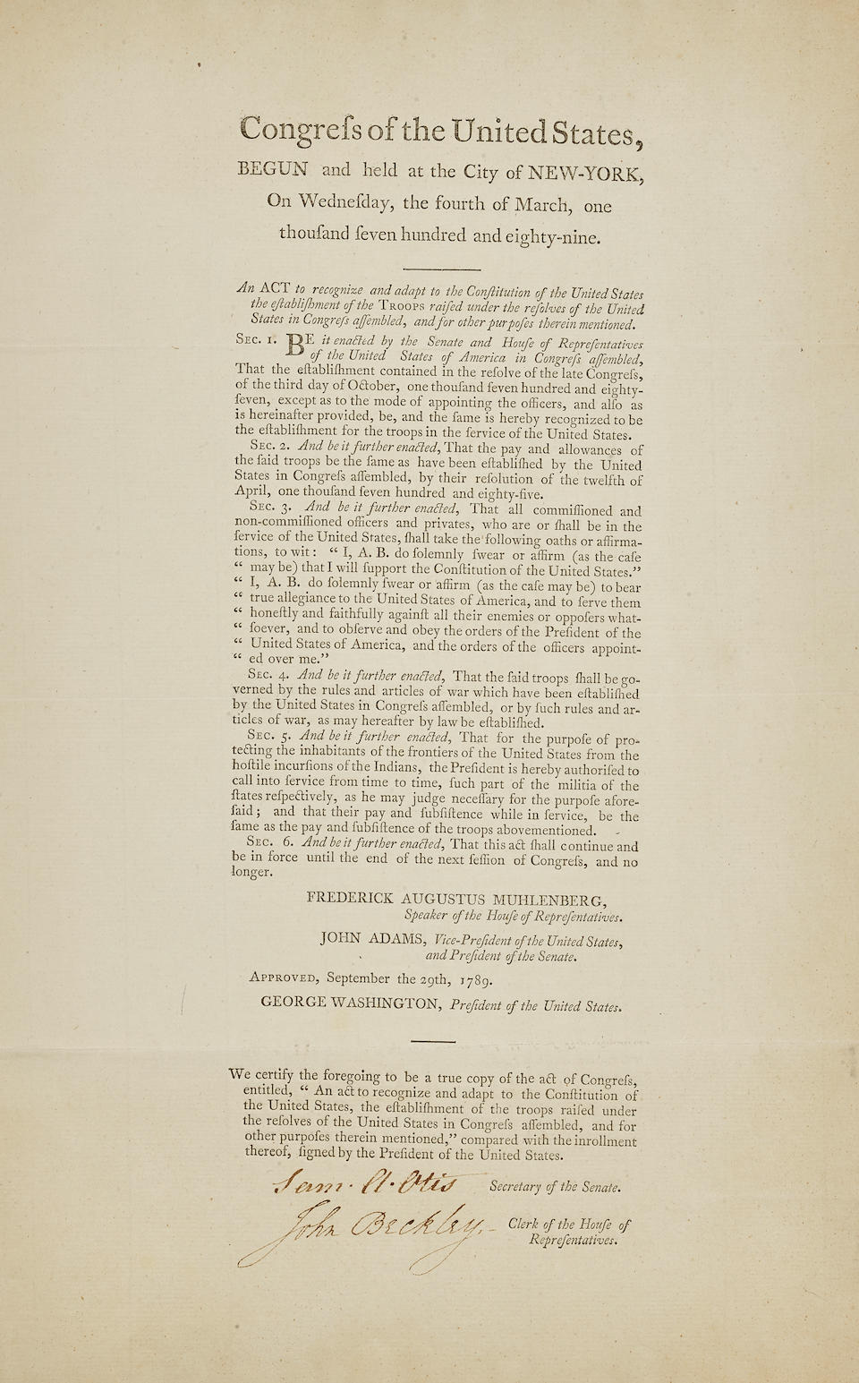 Bonhams : ESTABLISHMENT OF TROOPS, 1789. An Act to recognize and adapt ...