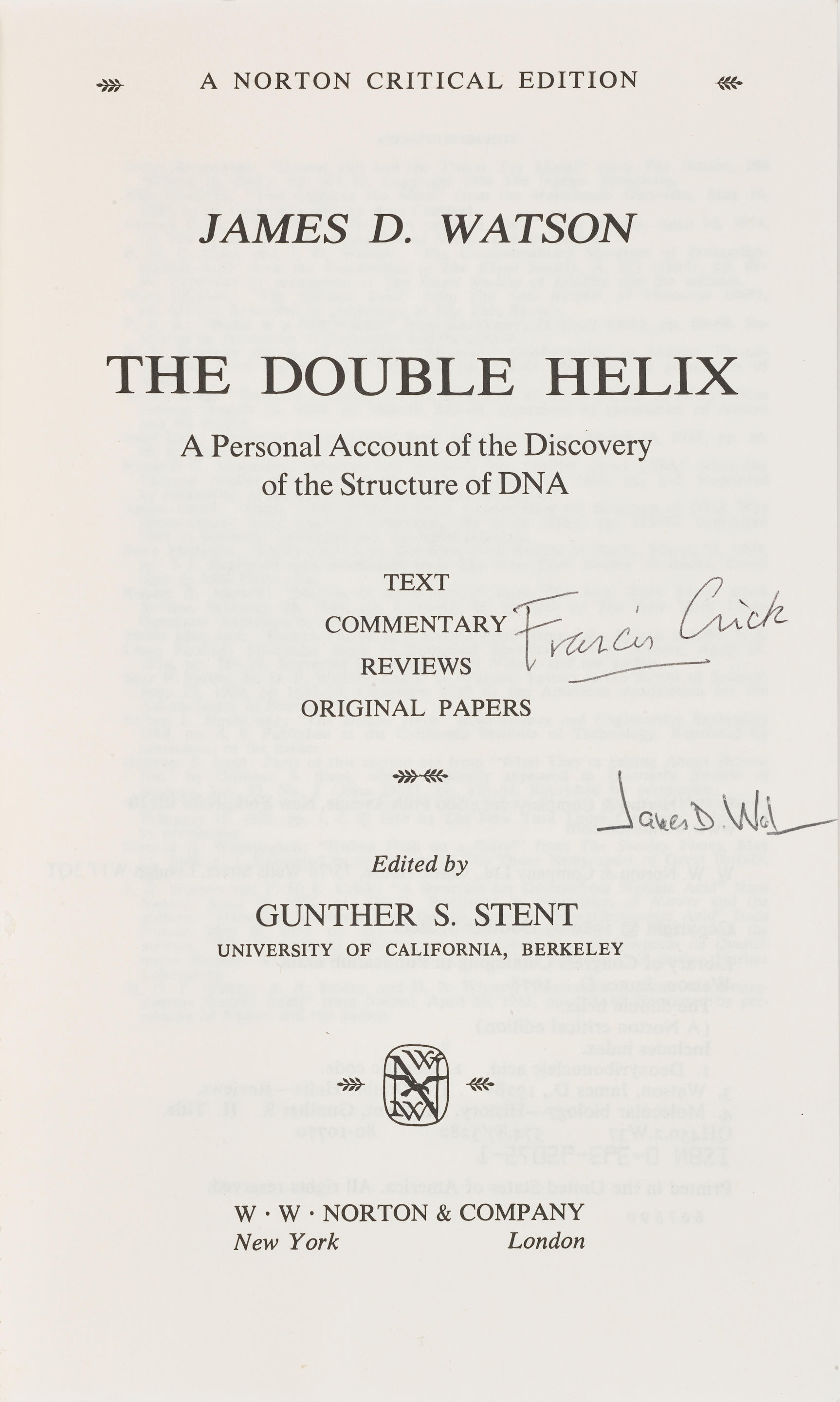 Bonhams Watson James D B1928 And Francis Crick 1916 2004 The Double Helix A Personal 7603