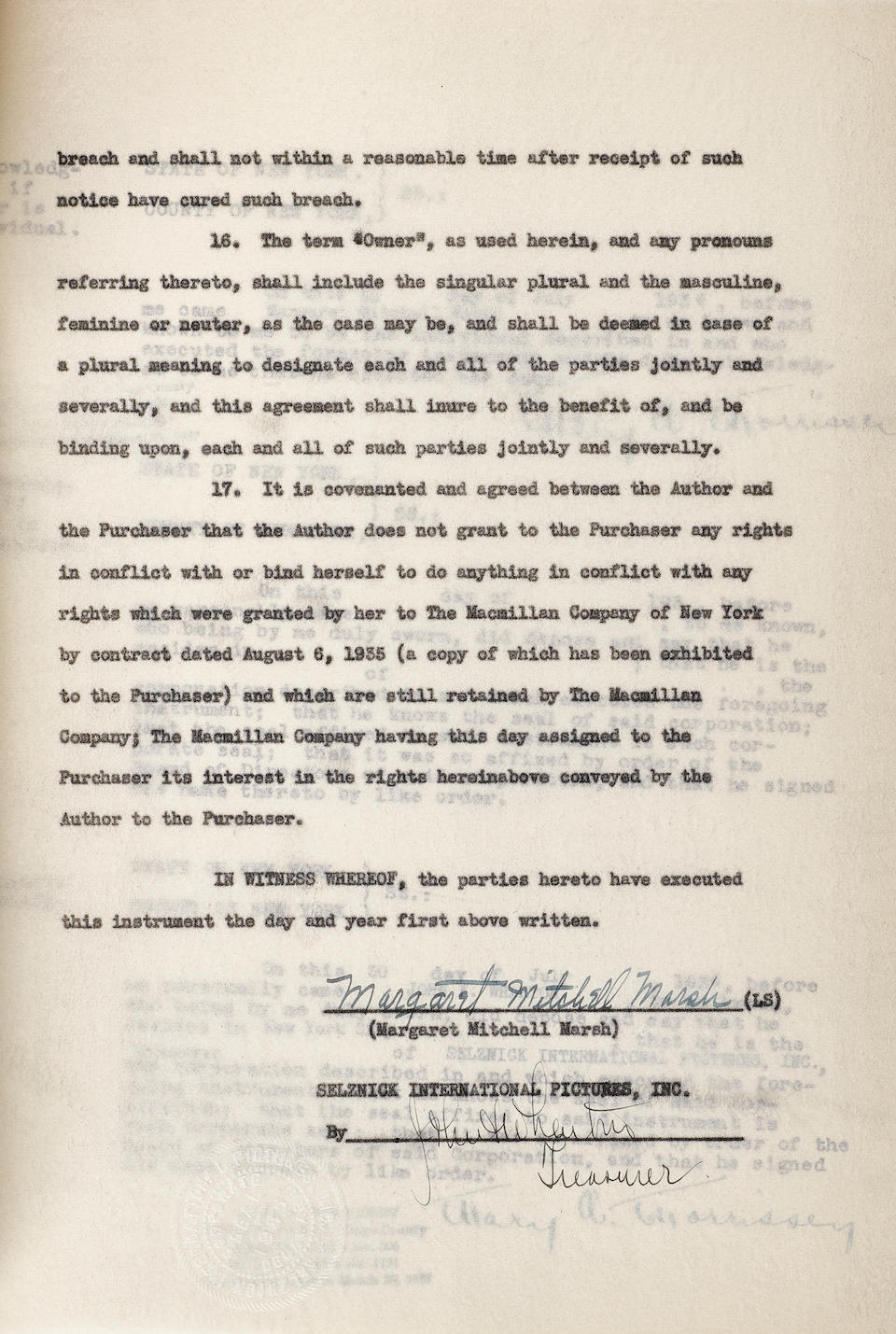 Bonhams A Margaret Mitchell Signed Contract Selling The Film Rights Of Gone With The Wind To David O Selznick