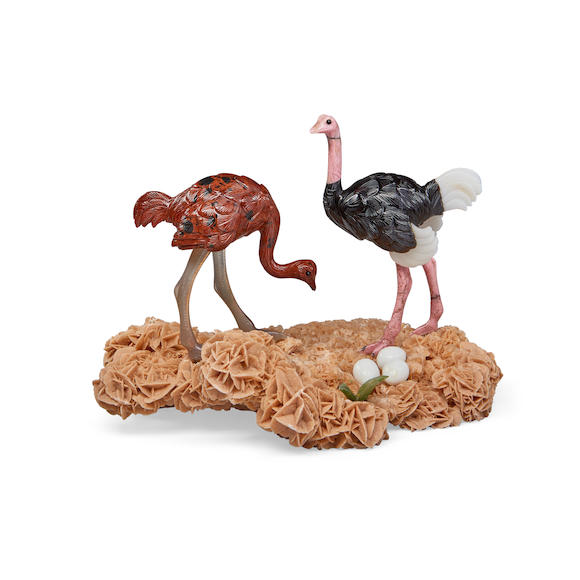 Bonhams : Multi-gemstone Carving Depicting an Ostrich Pair