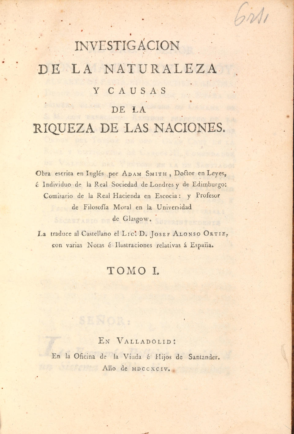 Bonhams Smith Adam 1723 1790 Investigacion De La Naturaleza Y Causas De La Riqueza De Las Naciones Valladolid Viuda E Hijos De Santander 1794