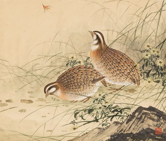 Bonhams Hu Zaobin (18971942) Two Paintings of Quails and Dragonfly