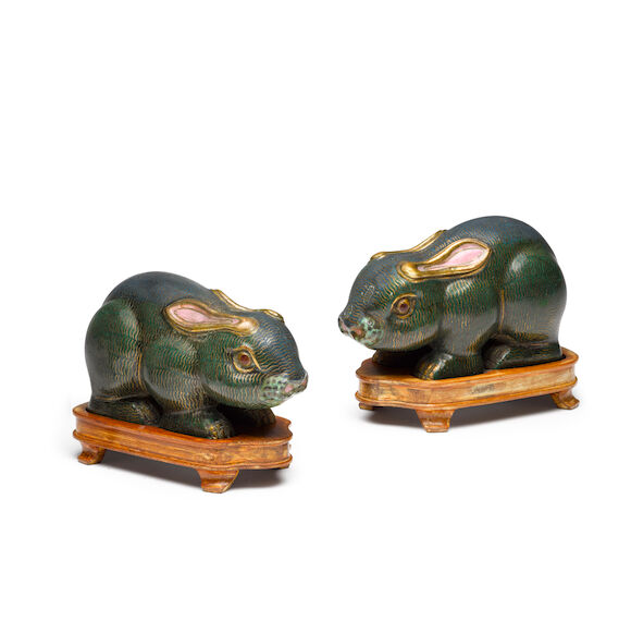 Bonhams : A PAIR OF CLOISONNE RABBITS