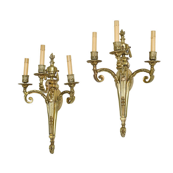 Bonhams : Pair of Louis XVI Style Gilt Bronze Three Light Sconces