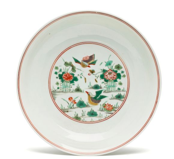 Bonhams A wucai 'Mandarin Duck' Dish Chenghua mark, Kangxi period