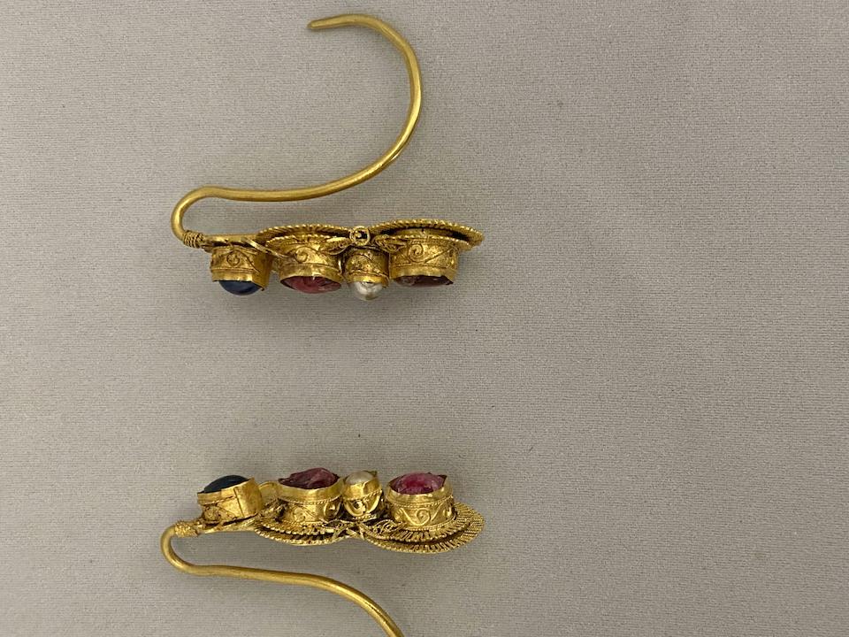 Bonhams : A pair of gemstone-inlaid gold earrings, erhuan Late Ming ...