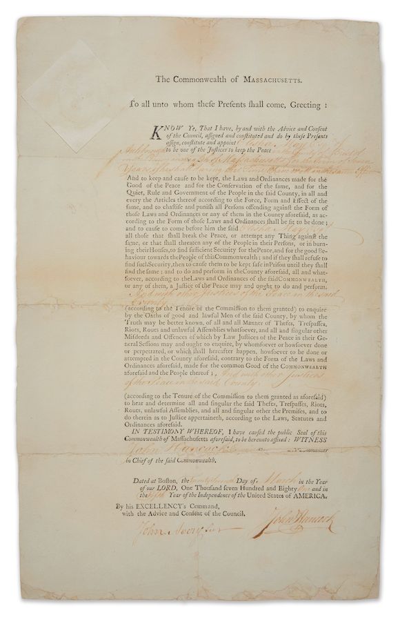 Bonhams : A JOHN HANCOCK SIGNED APPOINTMENT. HANCOCK, JOHN. Printed ...